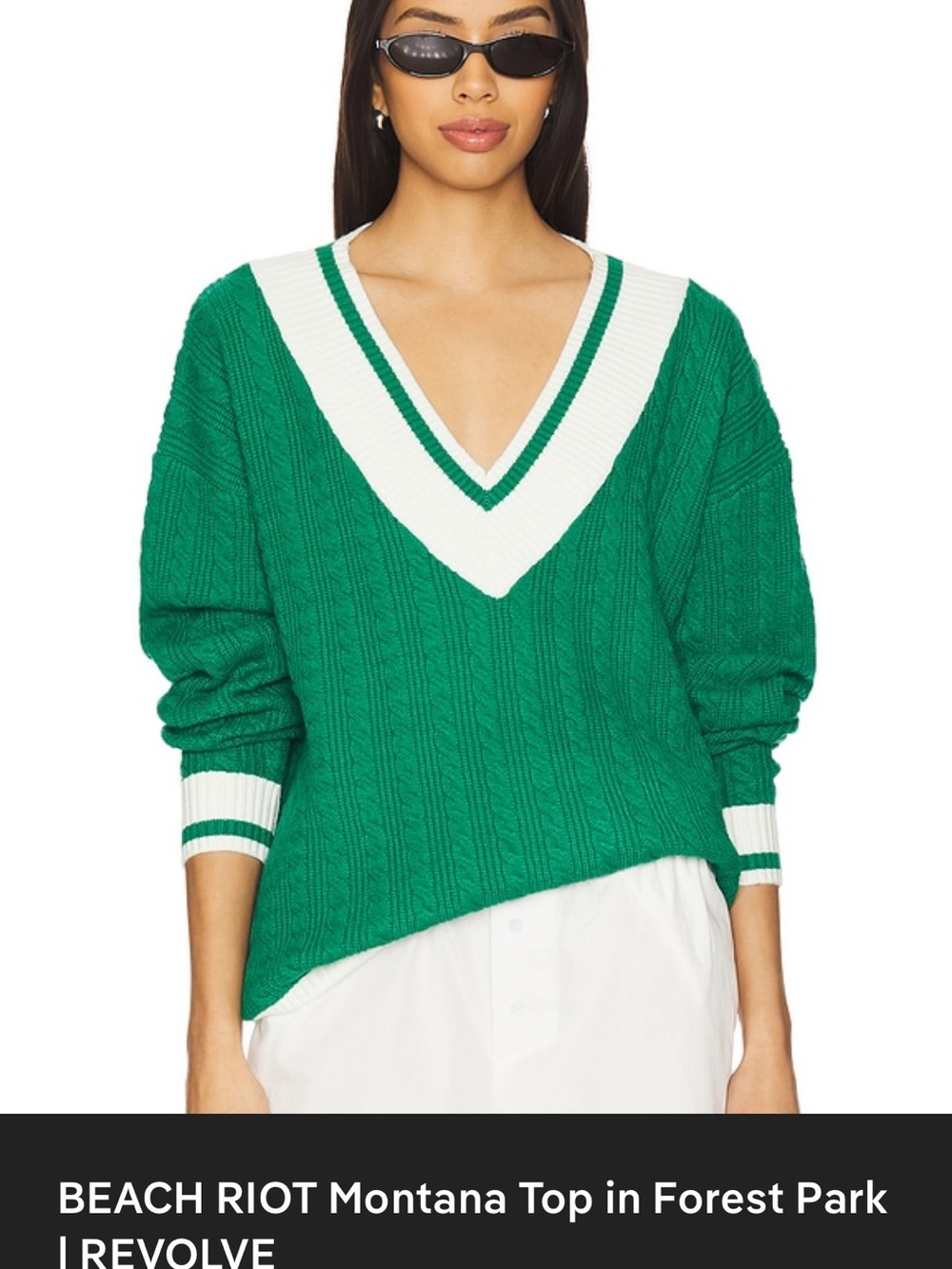 NWT Beach Riot Forest Park V-Neck Cable Sweater — Green & White